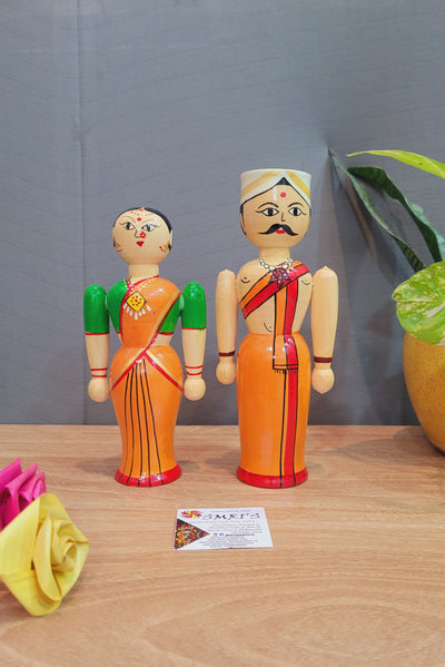 Couple Doll Medium Orange Raja Rani in white wood carving (8.5 H x 3.5 L x 2 W) inches show piece indian traditional handicrafts