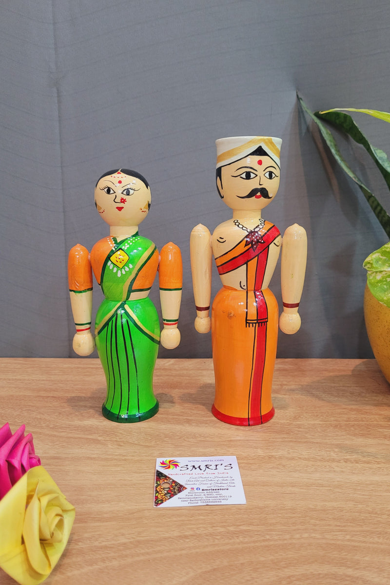 Couple Doll Medium Orange  Raja with Green Rani in white wood carving (8.5 H x 3.5 L x 2 W) inches show piece indian traditional handicrafts