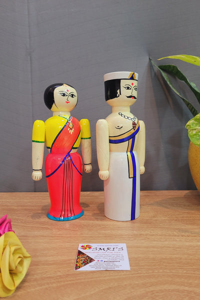 Couple Doll Medium white Raja with Pink Rani in white wood carving (8.5 H x 3.5 L x 2 W) inches show piece indian traditional handicrafts
