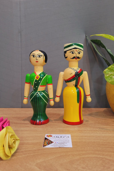 Couple Doll Medium Yellow Raja with Green Rani in white wood carving (8.5 H x 3.5 L x 2 W) inches show piece indian traditional handicrafts