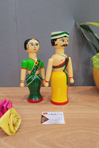 Couple Doll Medium Yellow Raja with Green Rani in white wood carving (8.5 H x 3.5 L x 2 W) inches show piece indian traditional handicrafts