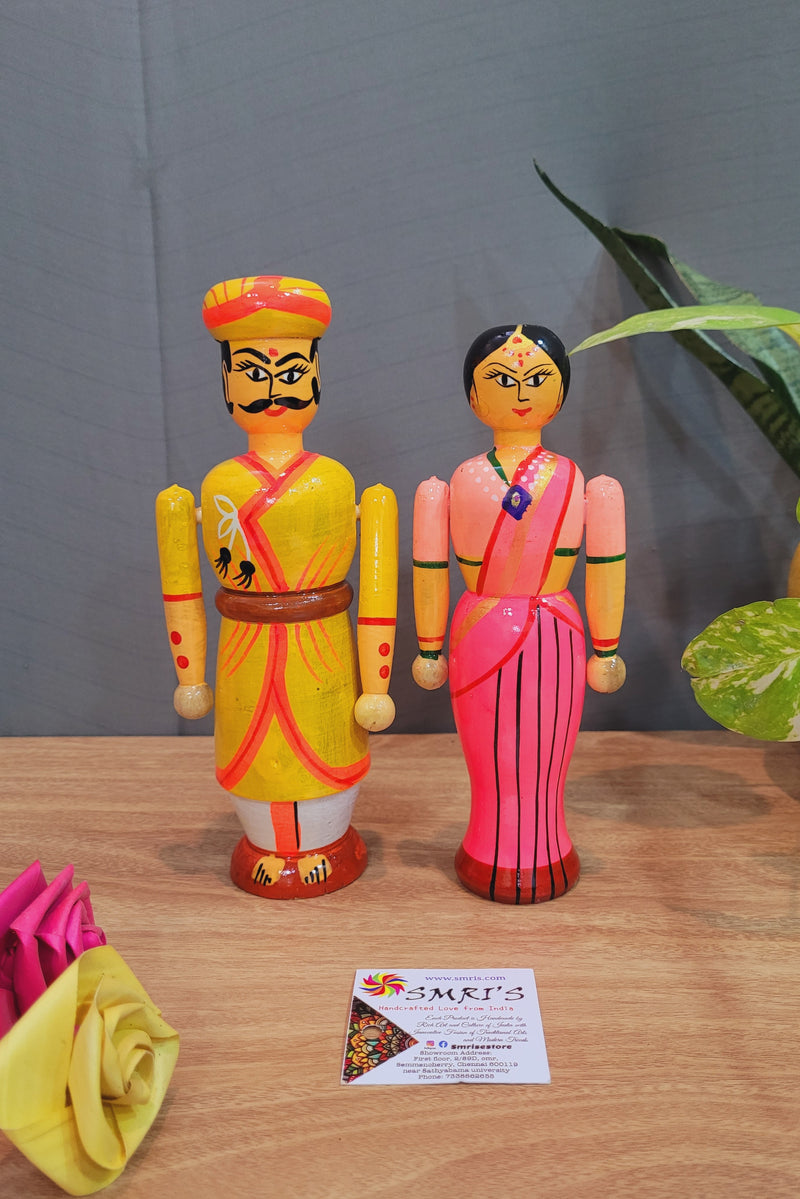 Couple Doll Medium Yellow Raja with Pink Rani in white wood carving (8.5 H x 3.5 L x 2 W) inches show piece indian traditional handicrafts