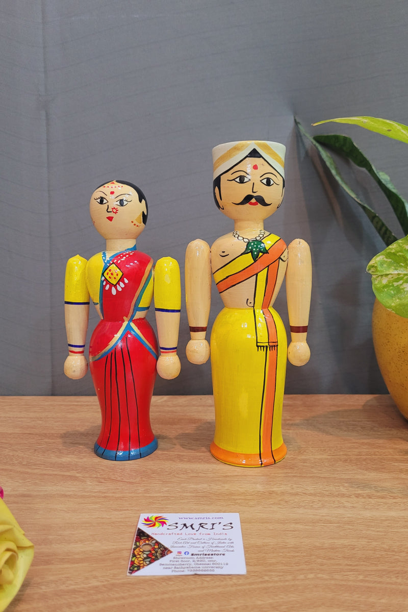 Couple Doll Medium Yellow Raja with Red Rani in white wood carving (8.5 H x 3.5 L x 2 W) inches show piece indian traditional handicrafts