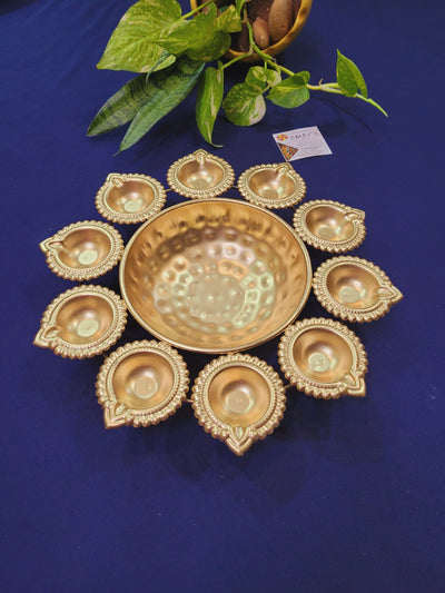 Deepam Urli With 10 Deepam Medium Gold Iron Lamp Urli for flower decoration with Deepma for festive decor pooja decor diwali decor Indian hand made  (2 H * 2 W * 11.5 L) inches