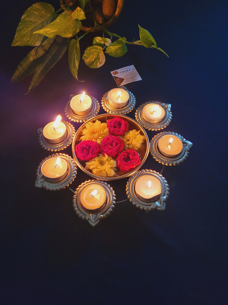 Deepam Urli With 8 Deepam Small Gold Iron Lamp Urli for flower decoration with Diya for festive decor pooja decor diwali decor Indian hand made (1.5 H * 1.5 W * 10.5 L) inches