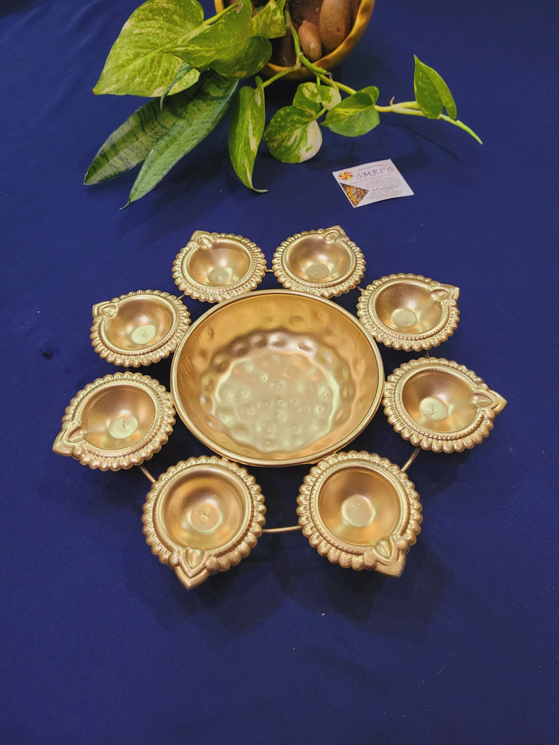 Deepam Urli With 8 Deepam Small Gold Iron Lamp Urli for flower decoration with Diya for festive decor pooja decor diwali decor Indian hand made (1.5 H * 1.5 W * 10.5 L) inches