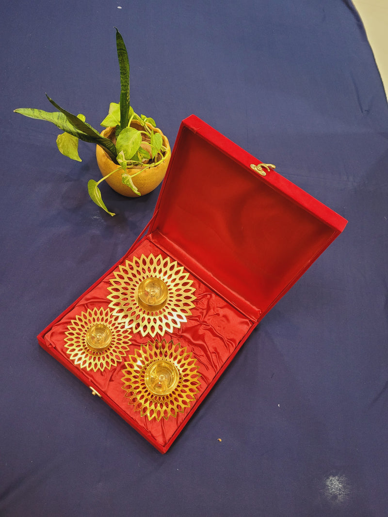 Flower Jali deepam set of 3 with red velvet box Deepam Brass, flower Iron Pooja Decorations