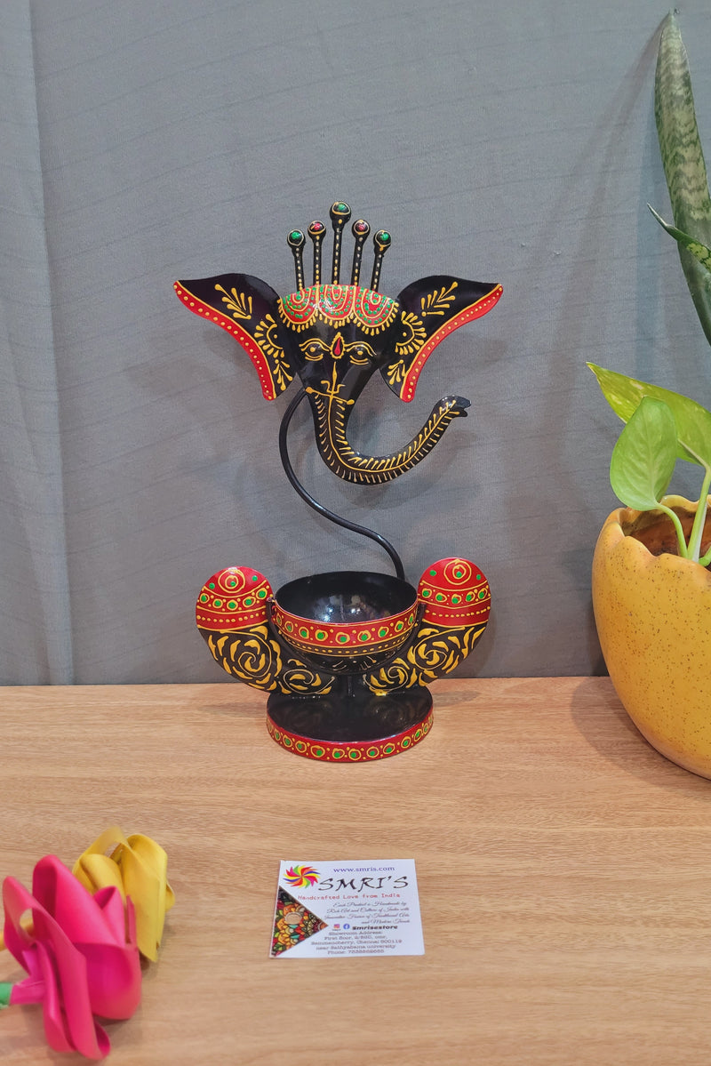 Ganesha Candle holder new t light home decor pooja decor return gifts black with orange (10.5 H * 6.5 L * 3.5 W) inches