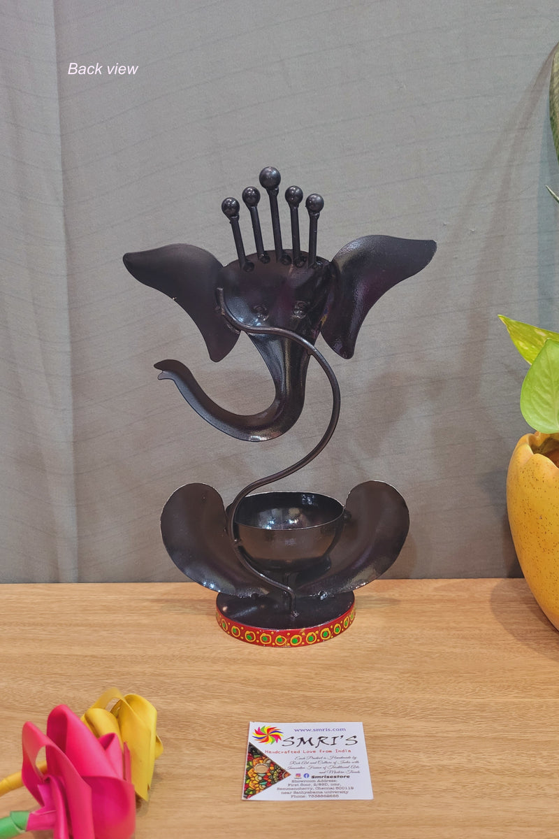 Ganesha Candle holder new t light home decor pooja decor return gifts black with orange (10.5 H * 6.5 L * 3.5 W) inches