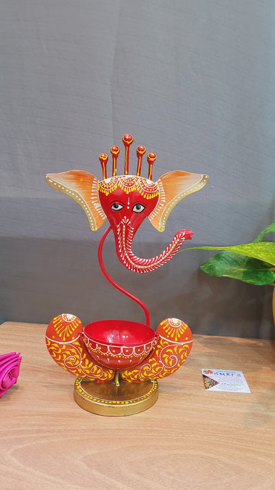 Ganesha Tea light holder Iron Red orange Iron