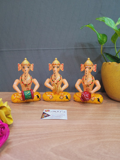 Ganesha wooden Musician Band 3 piece set showpiece indian handicrafts (5 H x 3 L x 2 W) inches