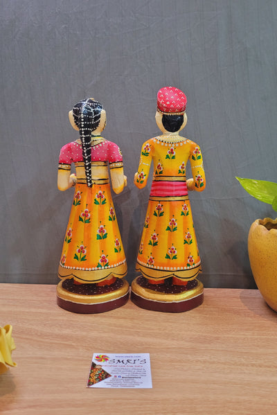 Gangaur Rajasthani Traditional Shiva Parvati Sivan Parvathi Subhamangalyam Yellow & Pink show piece couple pair set Medium (12 H, 4 L, 4 W) inches
