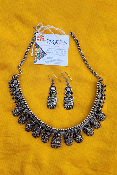 German oxidised silver Temple 11 Lakshmi Necklace With Earring set