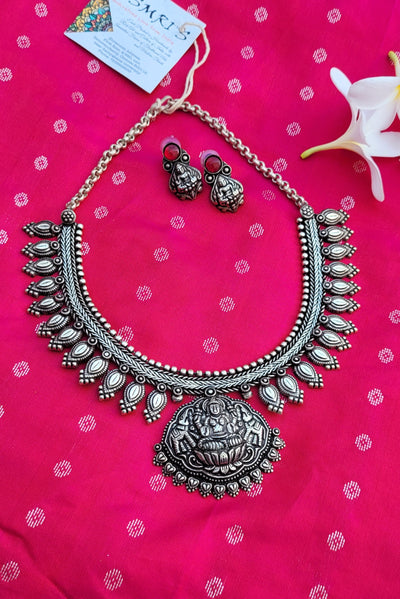 German oxidised silver Temple Dhanya Lakshmi Necklace With Earring set