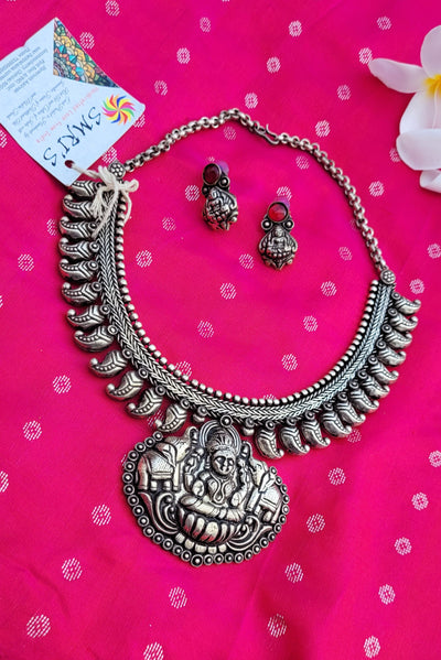 German oxidised silver Temple Gaja Lakshmi Necklace With Earring set