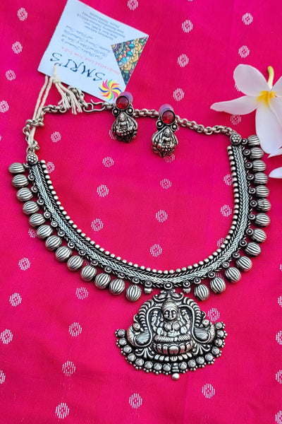 German oxidised silver Temple Saraswathi Necklace with Earring set