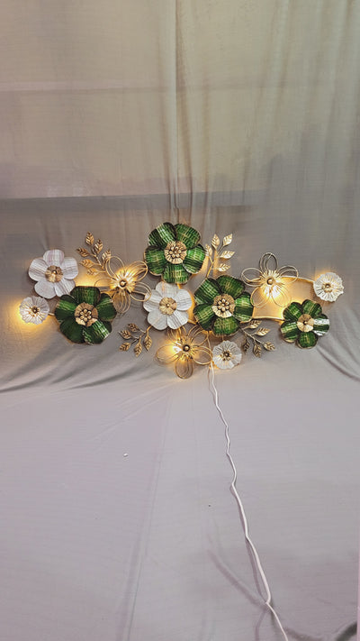 Green & White Multi flower Wall Decor With LED Big ( 52 H * 24 L * 2 W ) Inches Iron