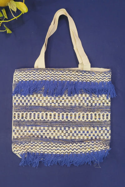 Himalayan Design  2 Blue white Hemp Cotton Large Hand Bag with heavy tote thread modern for woman Handmade sustainable and eco friendly ( 16 H * 16 L * 1 W ) inches