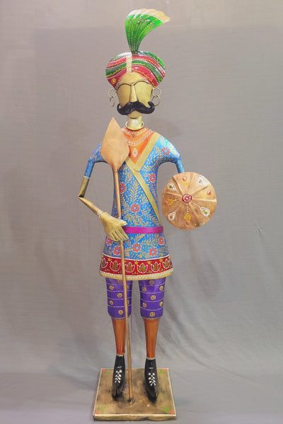 Iron Rajastani Palace Guard Man Javelin with shield 44" (44H * 15.5L * 8.5W) inches table decor showpiece Traditional Indian style entrance decor for Bunglow and Business places