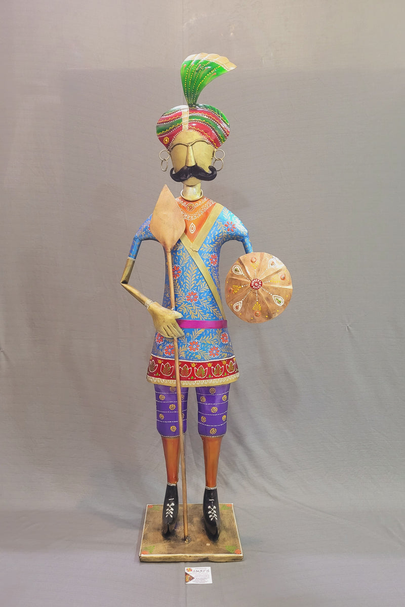 Iron Rajastani Palace Guard Man Javelin with shield 44" Blue (44H * 15.5L * 8.5W) inches table decor showpiece Traditional Indian style entrance decor for Bungalow and Business places