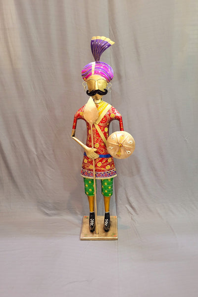 Iron Rajastani Palace Guard Man with Javelin and shield 44" RED (44H * 15.5L * 8.5W) inches table decor showpiece Traditional Indian style entrance decor for Bungalow and Business places