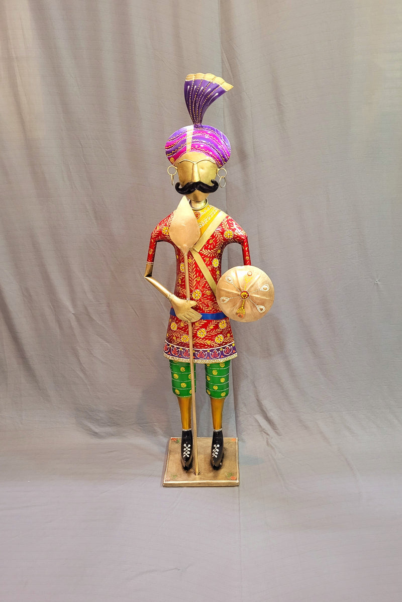 Iron Rajastani Palace Guard Man with Javelin and shield 44" RED (44H * 15.5L * 8.5W) inches table decor showpiece Traditional Indian style entrance decor for Bungalow and Business places