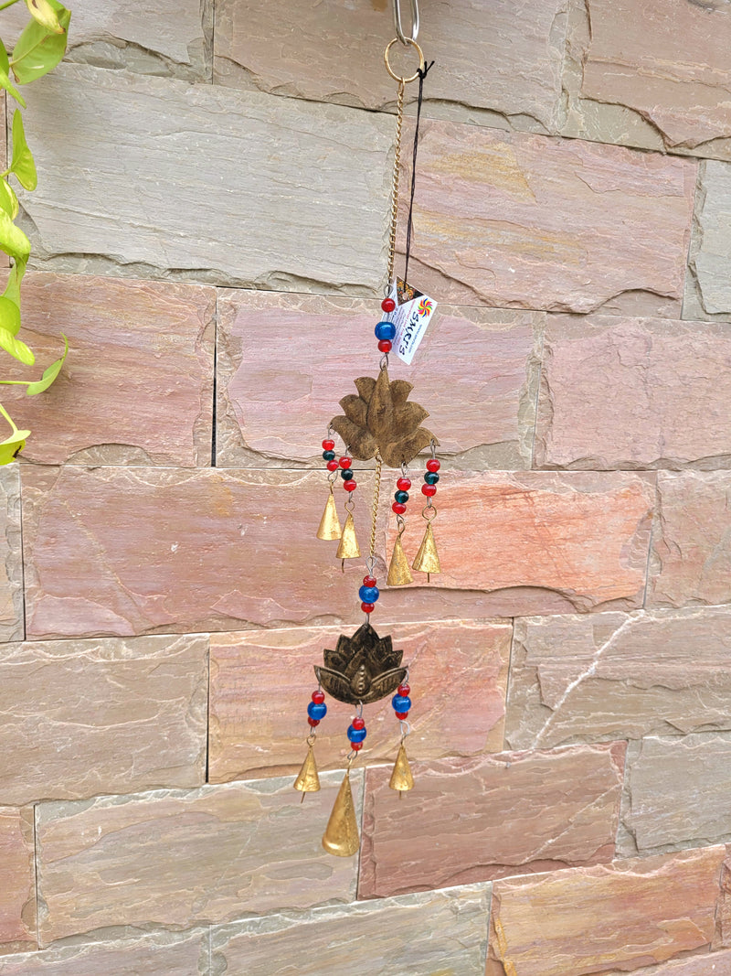 Lotus 2 in 1 Line Gold Hangings wind chime with bells and glass beads, balcony decor (24.5 H * 4.5 L *0.5 W) inches