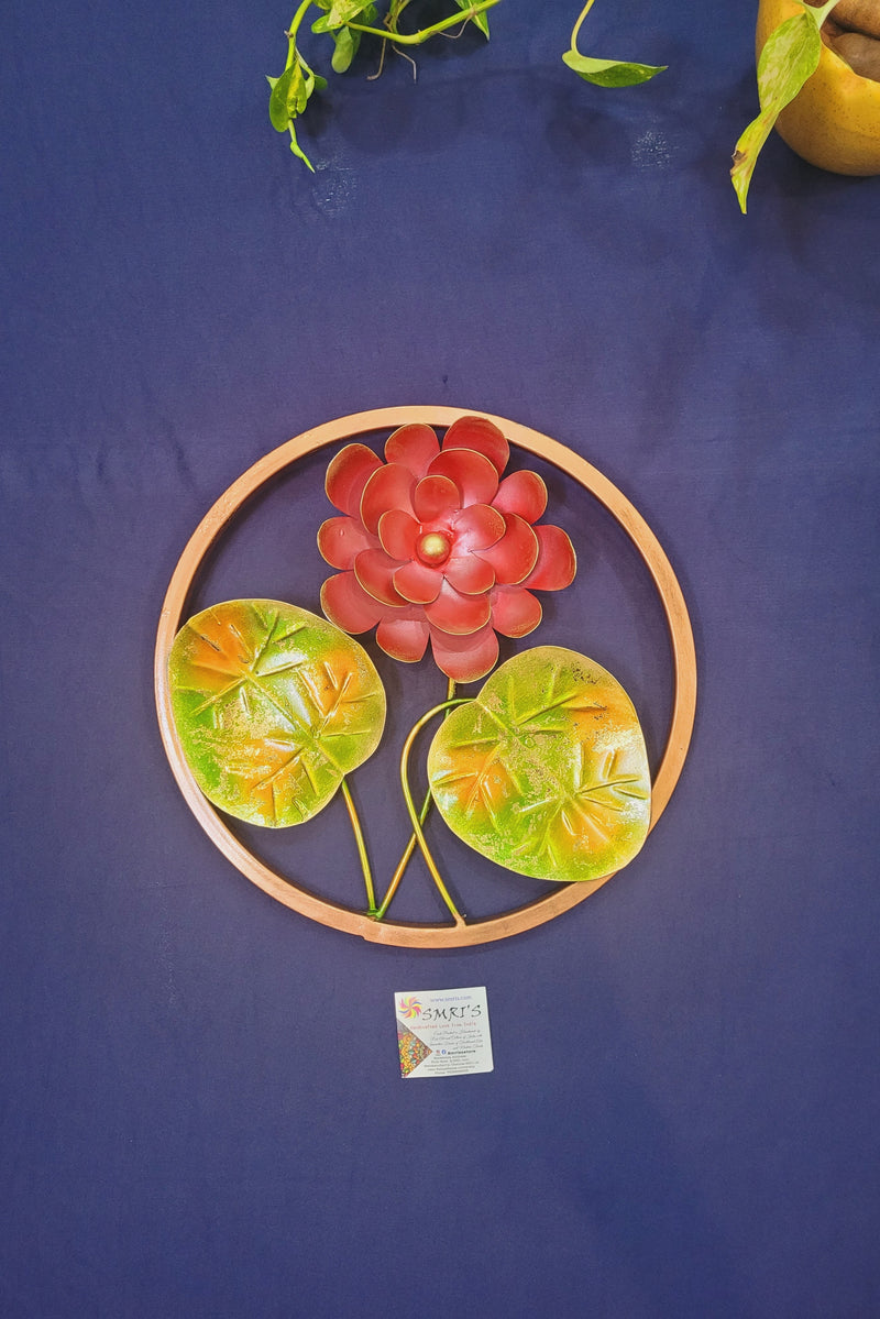 Lotus Flower Pink and green leaves in circle Small 12 inch