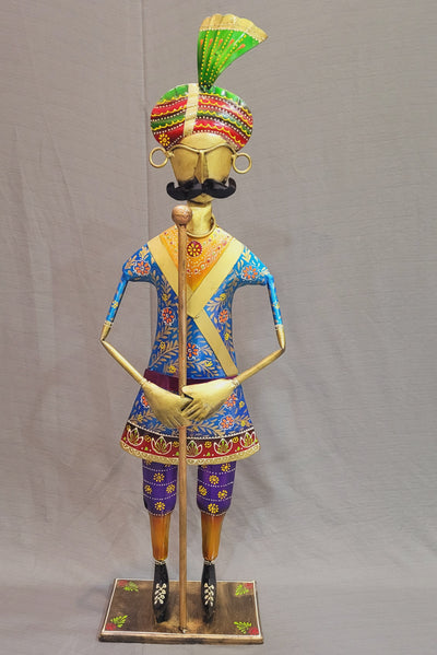 Man with Stick Rajasthani Guard Blue Figurine Showpiece (30H * 8.5L * 4.5W) inches table decor Traditional Indian style entrance decor for Bunglow and Business places