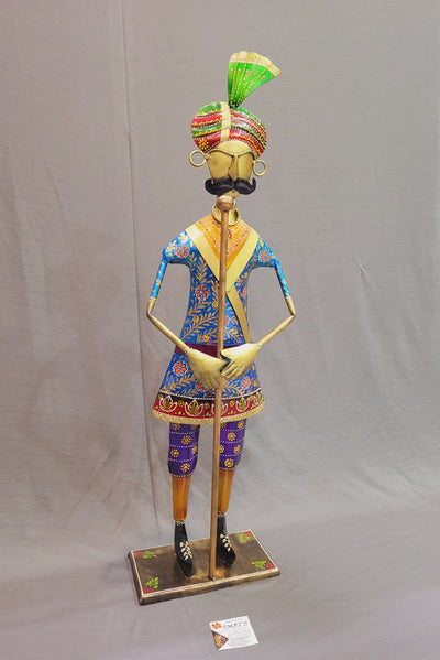 Man with Stick Rajasthani Guard Blue Figurine Showpiece (30H * 8.5L * 4.5W) inches table decor Traditional Indian style entrance decor for Bungalow and Business places