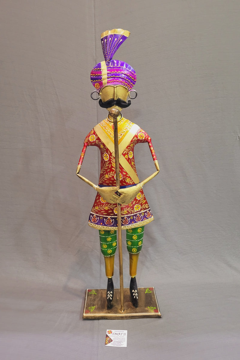 Man with Stick Rajasthani Guard Red Figurine Showpiece (30H * 8.5L * 4.5W) inches table decor Traditional Indian style entrance decor for Bungalow and Business places