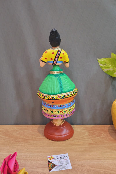 Manipuri Dancing Doll Paper Mache Green with Yellow Handmade Thanjavur Thalayatti Bommai Tanjore Dancing Doll (13 H * 5 L * 5 W ) Inches