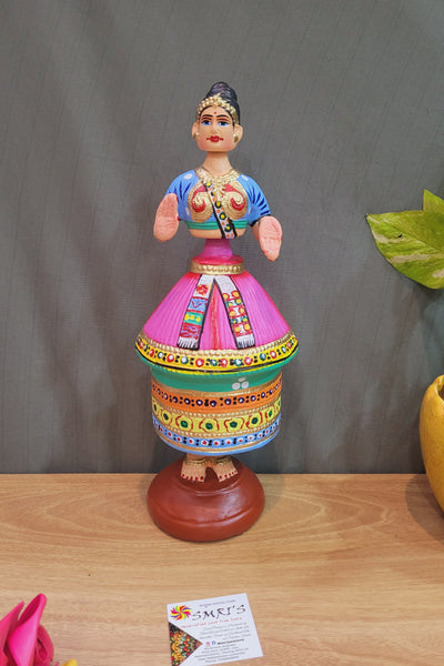 Manipuri Dancing Doll Paper Mache Pink with Blue Handmade Thanjavur Thalayatti Bommai Tanjore Dancing Doll (13 H * 5 L * 5 W ) Inches
