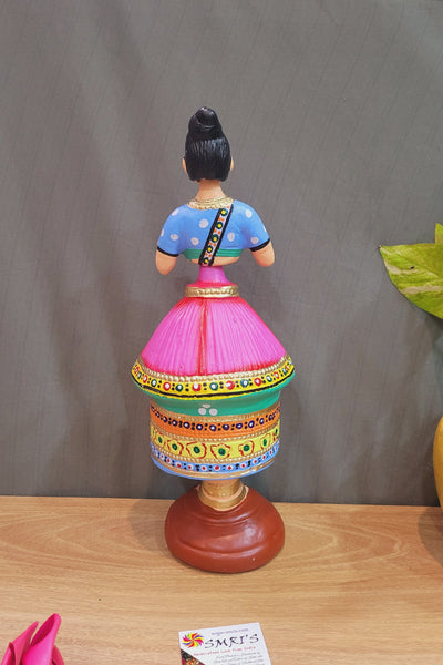 Manipuri Dancing Doll Paper Mache Pink with Blue Handmade Thanjavur Thalayatti Bommai Tanjore Dancing Doll (13 H * 5 L * 5 W ) Inches