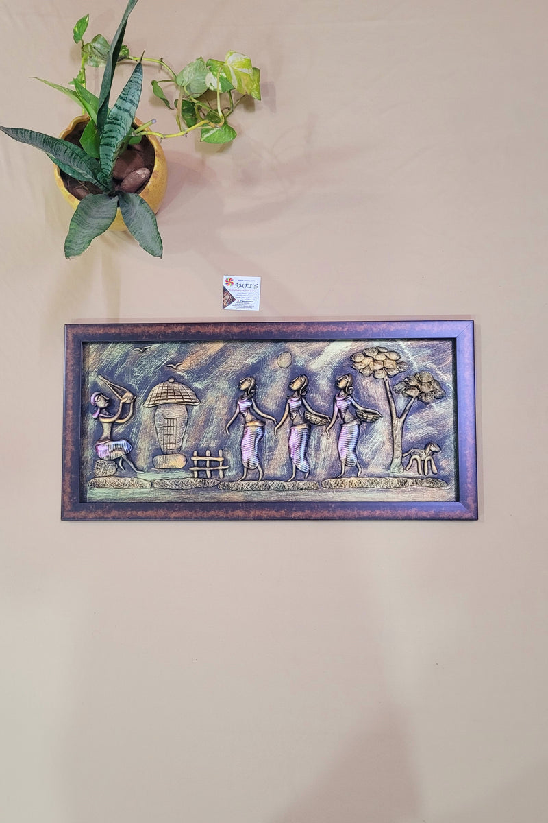 Mural Art Frame Metallic Craft Indian Handicrafts tribal art 11 (11H * 23L * 1W ) inches Living Room Dining Bedroom Reception Wall Decor for Home and Office