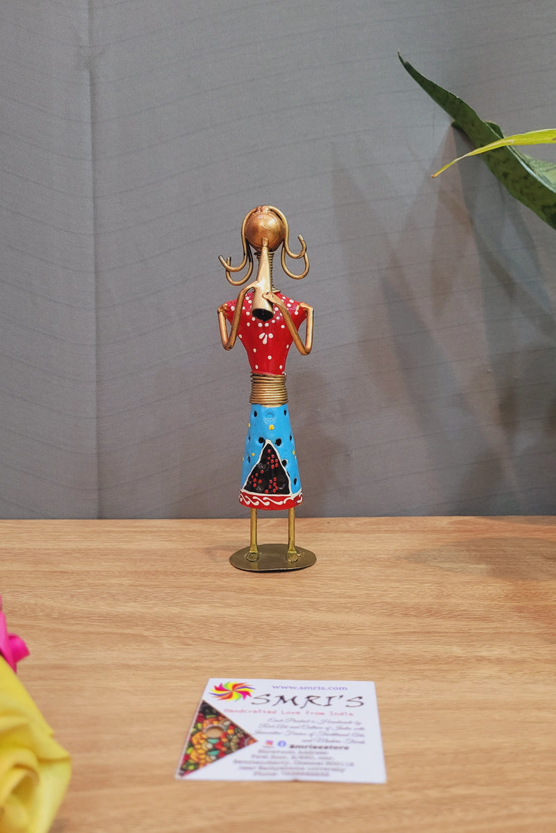 Musician Lady in Red shirt and Blue skirt standing with Pipe Small Table Decor Iron(1.5L * 1.5W * 7H)inches Showpiece Return Gift Corporate Gift
