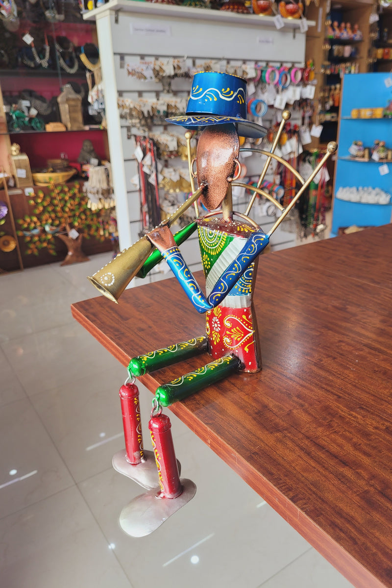 Musician Man with Trumpet Blue Cap with swinging legs Table Decor Iron (7L * 7W * 17H) inches Showpiece Return Gift Corporate Gift Showpiece Return Gift Corporate Gift