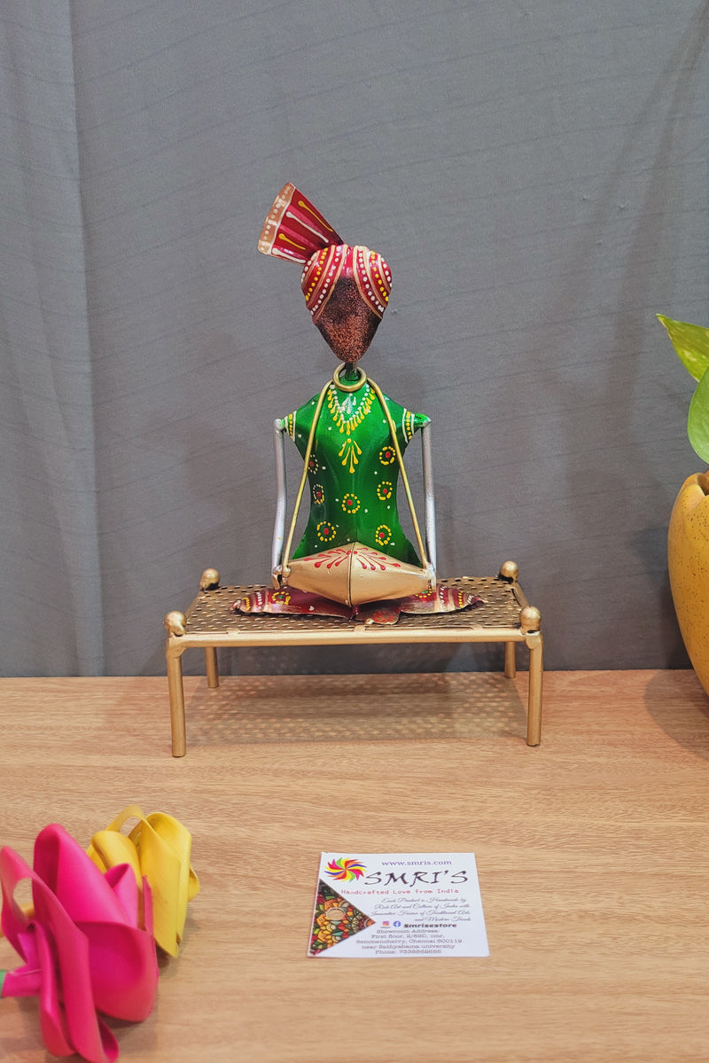 Musician sitting with Thavil on kattil Green and Red show piece table decor return gifts home decor(10 H * 6.5 L * 3 W ) Inches