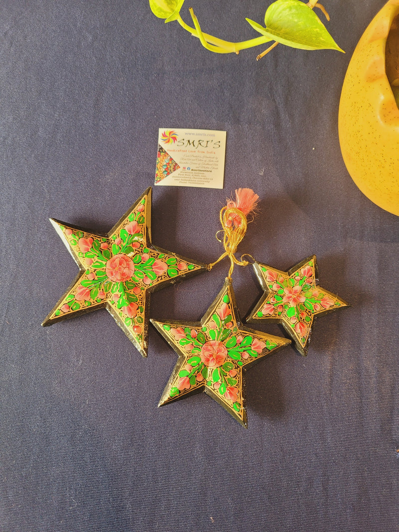 Paper Mache Christmas Ornaments STAR set of 3 Black Green & Pink Florals Indian sustainable decor Big 13 cm Medium 10 cm Small 7.5 cm