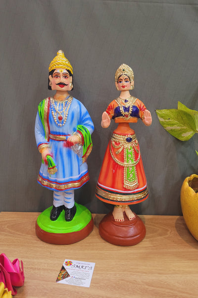Raja Rani Dancing Doll 14 inch Blue And Orange Tanjavur Thalayatti Bommai Tanjore Dancing Doll Show piece Table Decor papermache ( 14 H * 4 L * 4 W ) Inches