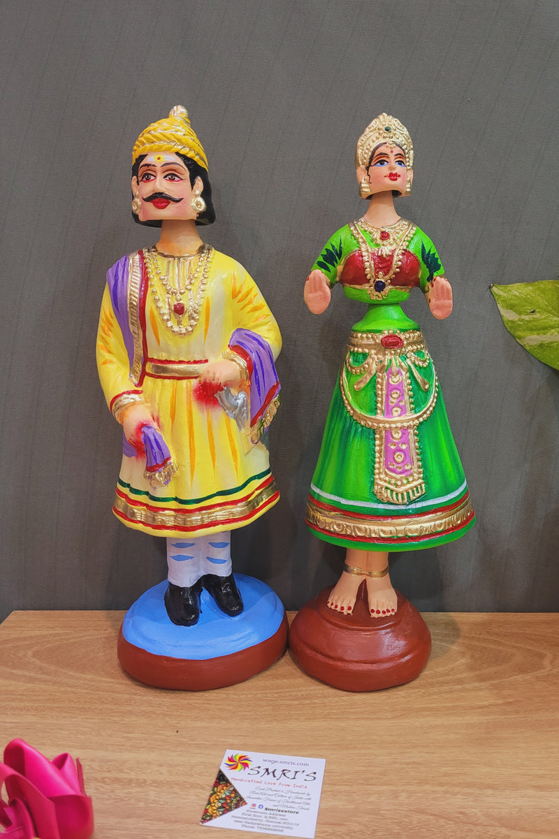 Raja Rani Dancing Doll 14 inch  Sandal and Green Thanjavur Thalayatti Bommai Tanjore Dancing Doll Show piece Table Decor papermache ( 14 H * 4 L * 4 W ) Inches