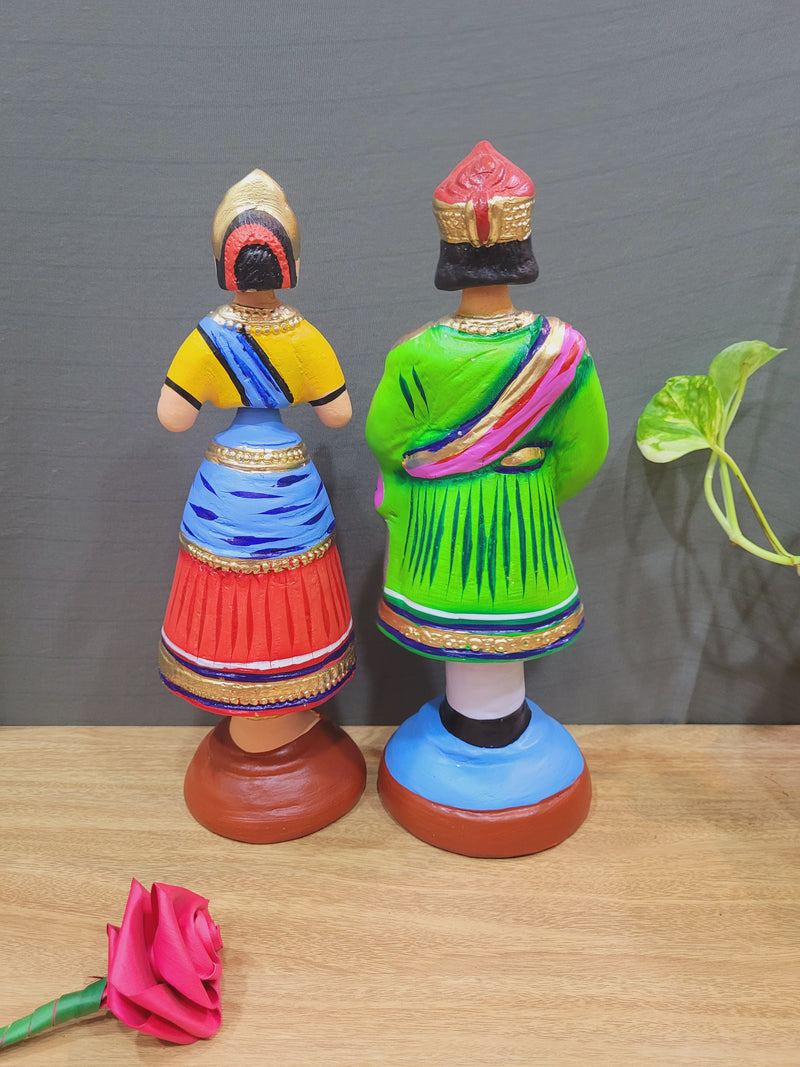 Raja Rani Dancing Doll 12 inch Green Raja with Yellow blouse Red skirt Rani Thalayatti Bommai Show piece Table Decor papermache Inches