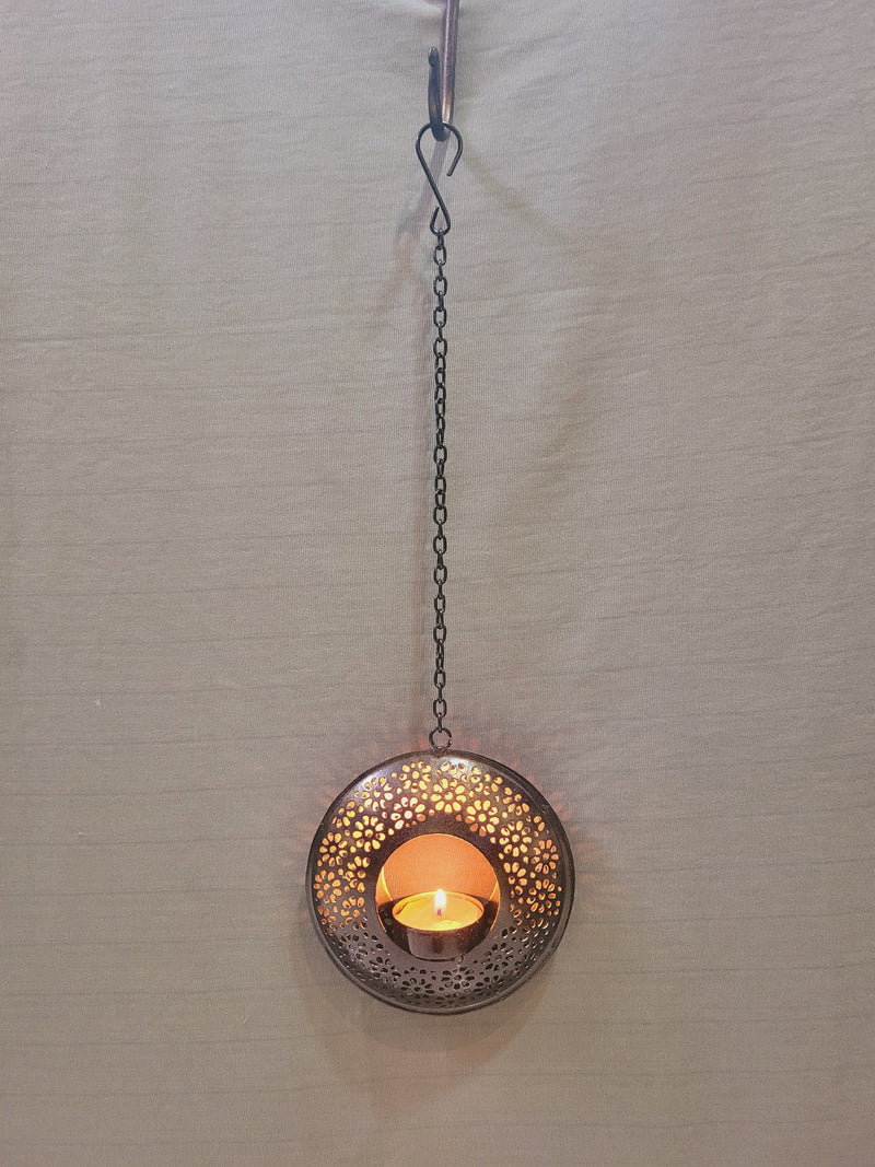Round Hanging T light deepam Iron modern and attractive t light hanging Black with Antique gold decor for living room pooja decor and Home decor Diwali decor (15 H * 1.5 W * 5 L) inches
