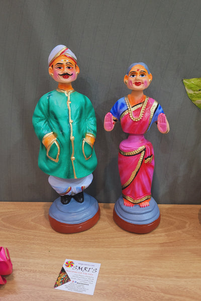 Thatha Patti standing new Green and Pink Tanjore Dancing Doll Pair paper mache chettiyar doll Thanjavur Thalayatti Bommai (11 H * 4 L * 4 W ) Inches