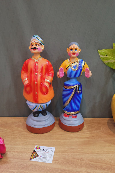 Thatha Patti standing new Orange and Blue Tanjore Dancing Doll Pair paper mache chettiyar doll Thanjavur Thalayatti Bommai  (11 H * 4 L * 4 W ) Inches