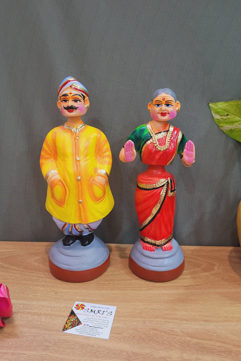 Thatha Patti standing new Yellow and Red Tanjore Dancing Doll Pair paper mache chettiyar doll Thanjavur Thalayatti Bommai (11 H * 4 L * 4 W ) Inches