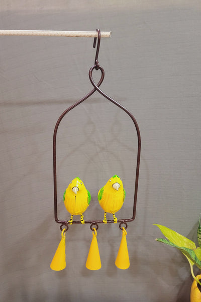 Love Birds Two Birds Chime With 3 bells hanging Yellow (16 H *5.5 L *6.5 W) inches Iron Balcony decor entrance decor garden decor