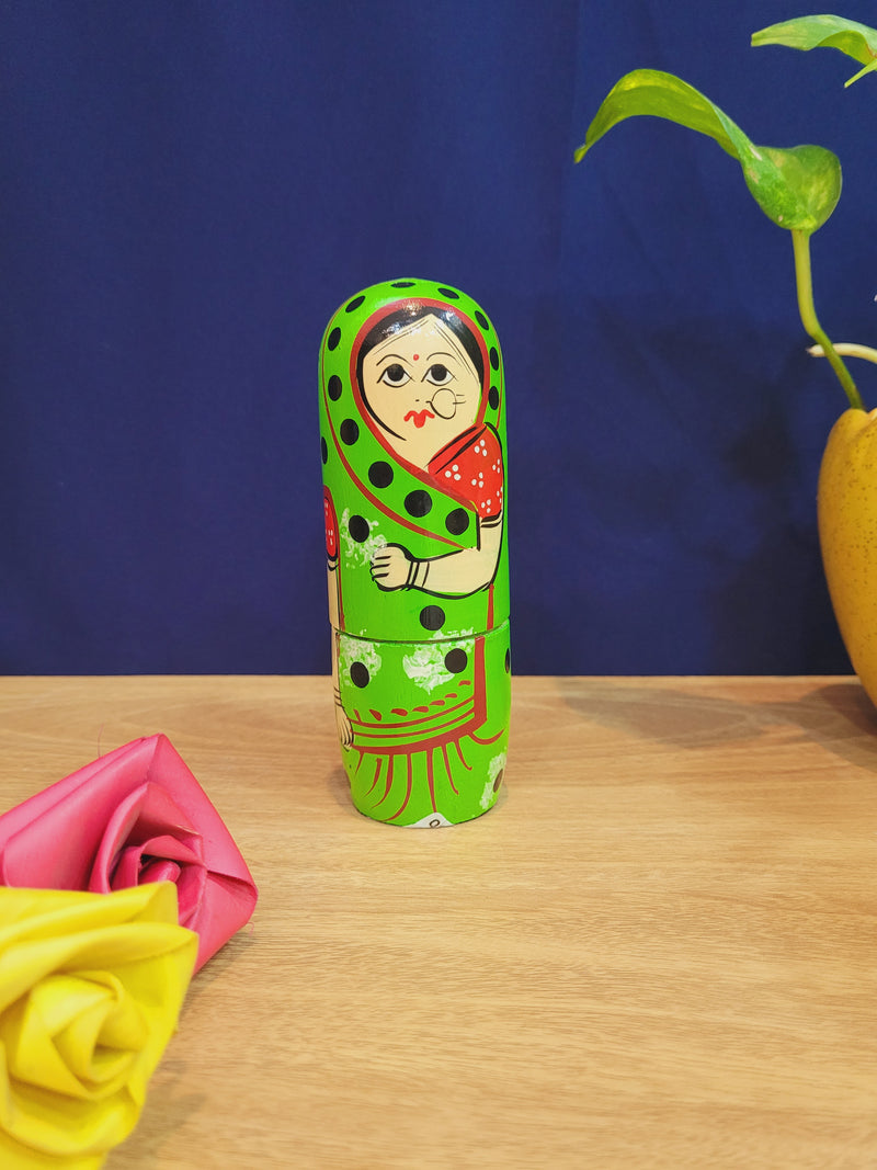 Woman Nesting Doll Set 5 in 1 Green Handcrafted Hand painted Mdf/wood Dolls ( 6 H * 2 L * 2 W ) Inches