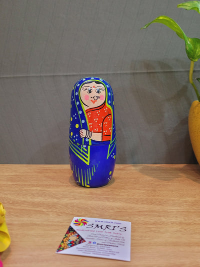 Wooden 5 in 1 Blue Nesting doll Set with multi color called as  Russian doll indian Handicrafts (6H * 3L * 3W) inches Show piece Home decor