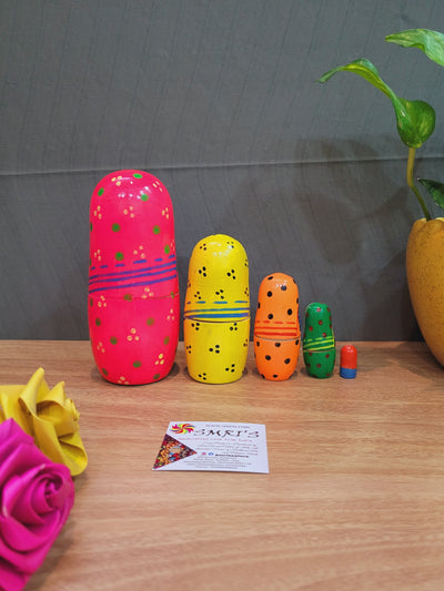 Wooden 5 in 1 Pink Nesting doll Set with multi color called as  Russian doll indian Handicrafts  (6H * 3L * 3W) inches Show piece Home decor